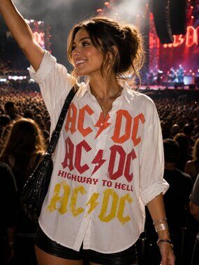 NWT AC/DC L XL Highway to Hell Graphic Button Down Shirt Rock Concert Oversized
